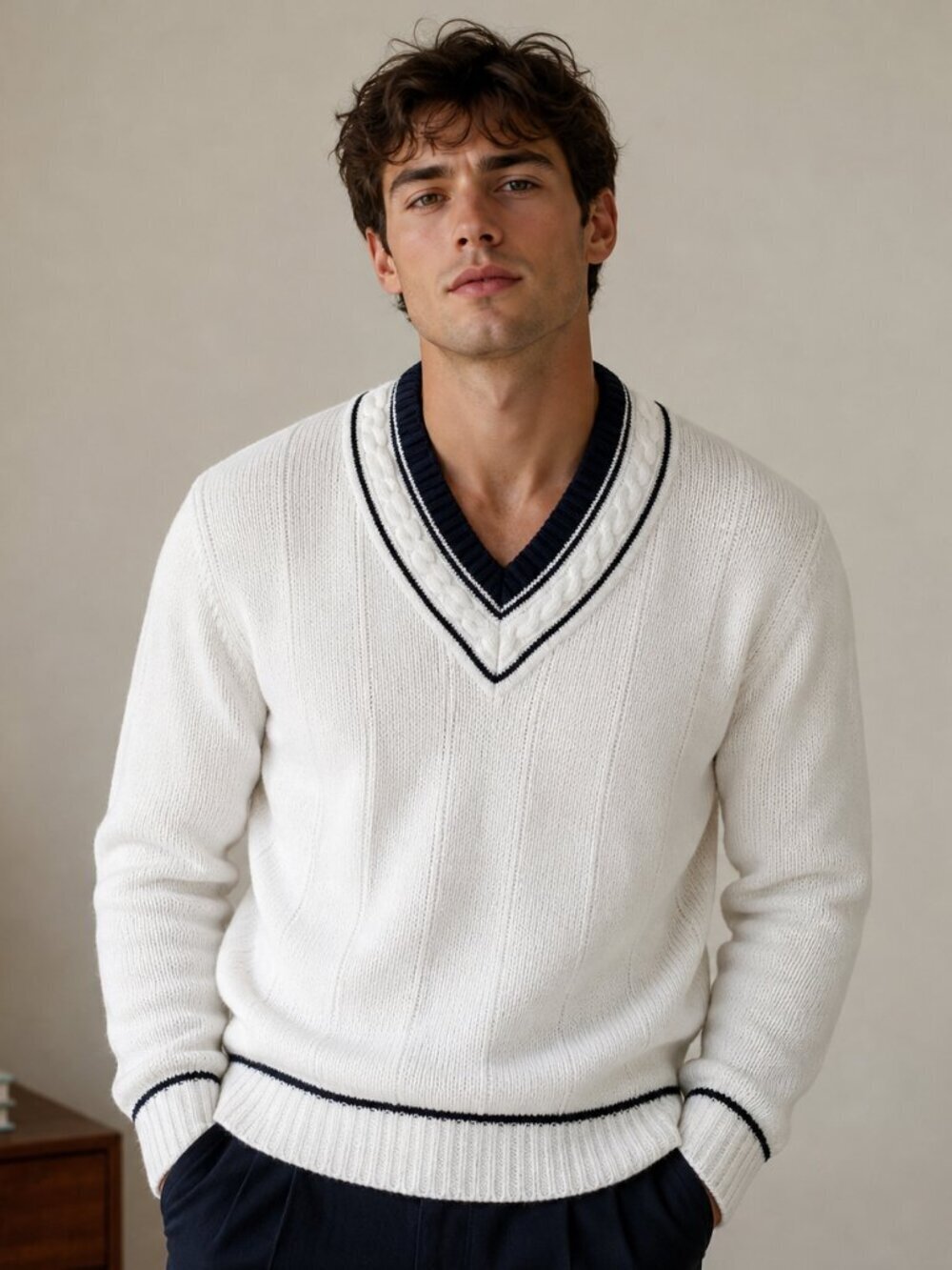 Vintage John Ashford Sweater Tennis White Cable Knit V-Neck Preppy Classic Large